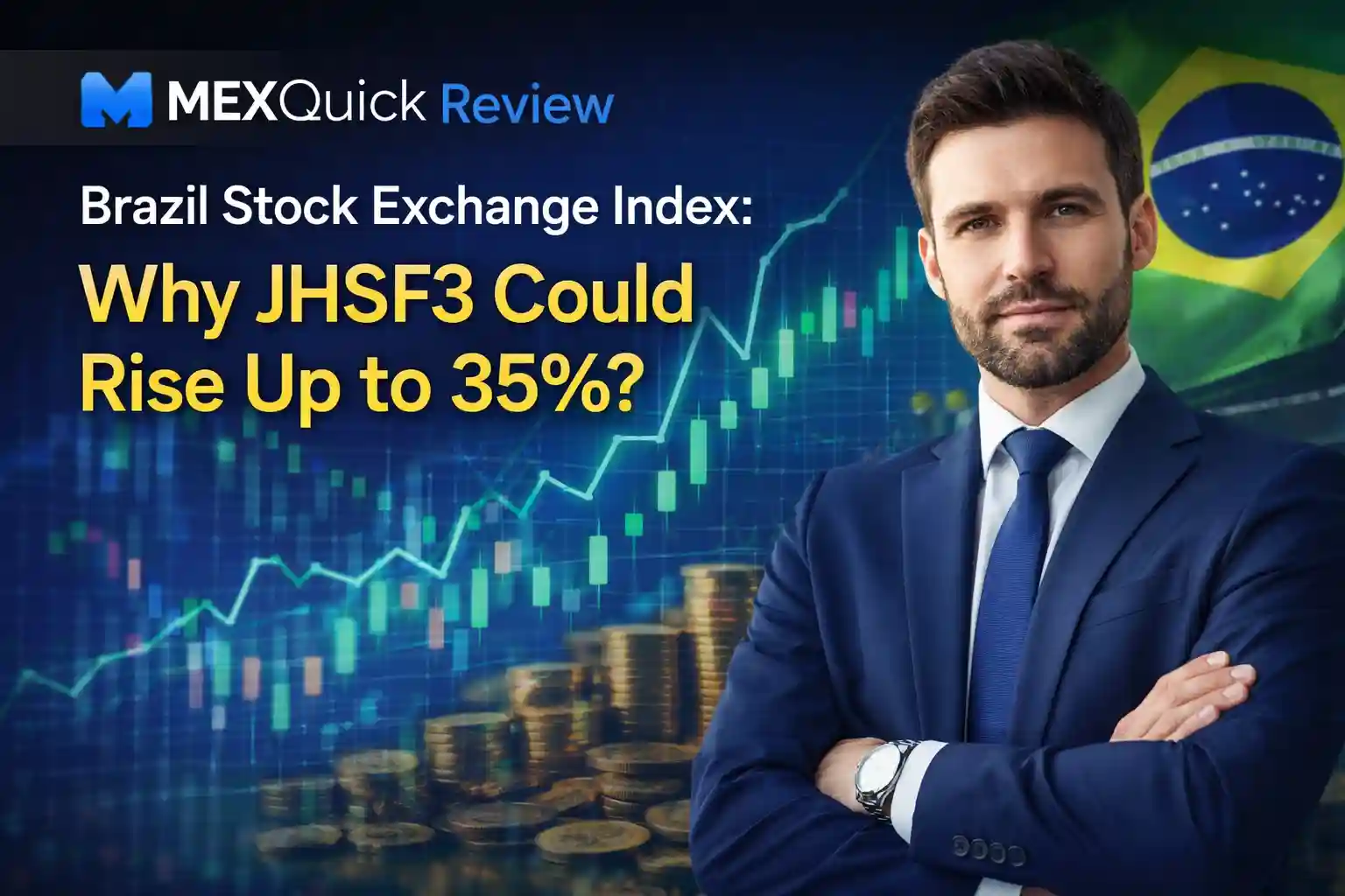 Professional financial featured image showing a confident businessman in a suit, with Brazil flag, rising stock charts, and coins, illustrating the potential 35% upside of JHSF3 on the Brazil Stock Exchange.