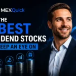 MEXQuick featured image showing a professional male model in a suit smiling beside financial growth charts, with bold text reading “5 Best Dividend Stocks to Keep an Eye On” on a dark blue background.